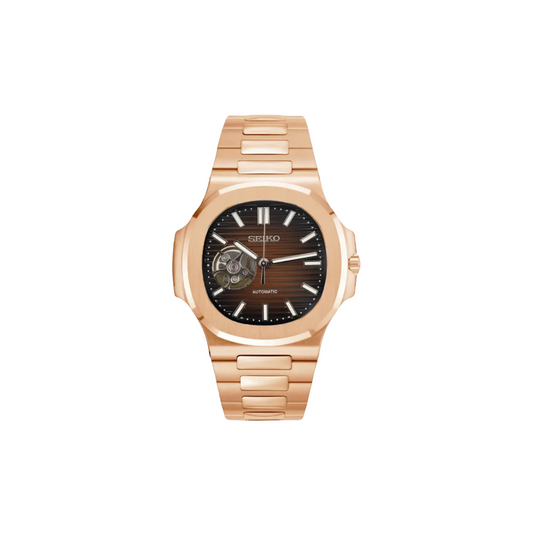 SEIKO MOD OPEN HEART NAUTILUS BLACK MEN'S WATCH with broen Dial and rose gold Steel Bracelet